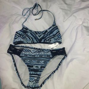 blue and white aztec swimsuit